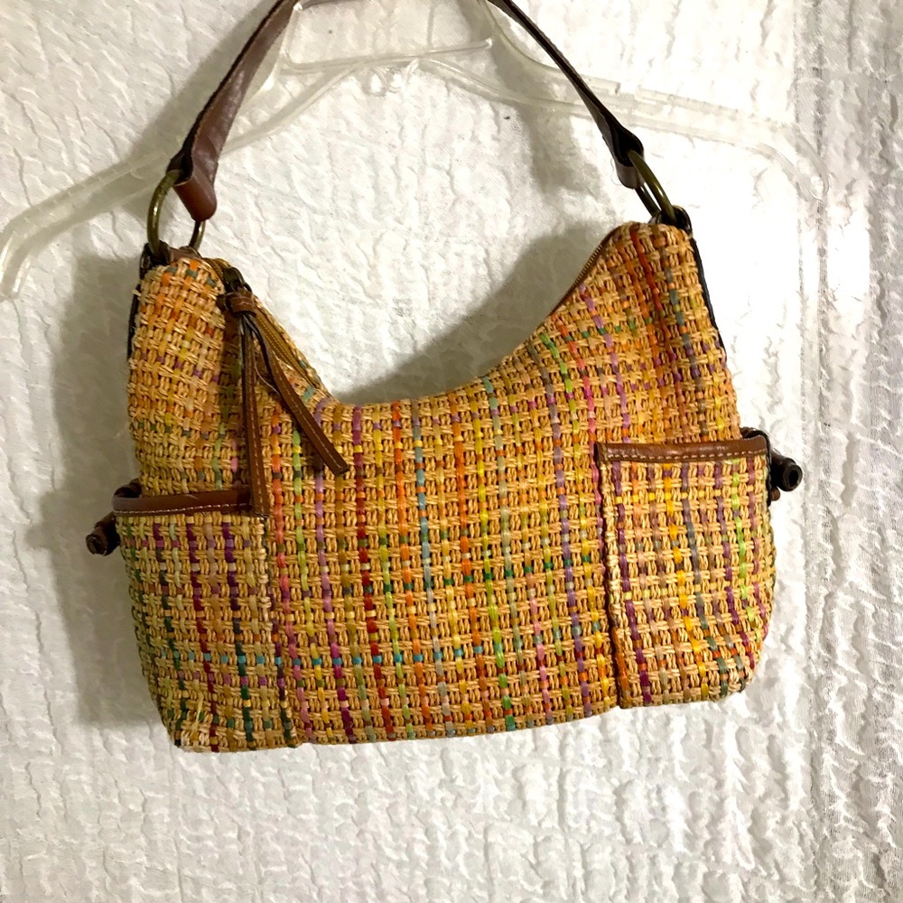 Fossil Vtg Straw & Leather Woven Bag